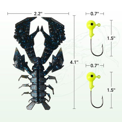 4.1" Crawfish Lure for Bass Fishing, Soft Plastic Craw Bait Kit with Removable Rattles & Jig Head, Reusable Bait Box for Freshwater Bass - color: blue