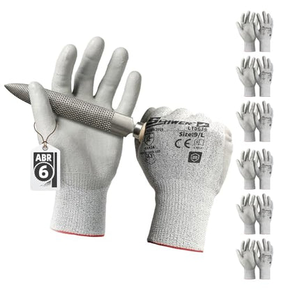 Schwer 6 Pairs ANSI A2 Cut Resistant Work Gloves with Certified Level 6 Ultra Abrasion Resistance, Safety Gloves with Grip for General Use, Construction, Gardening, Mechanic, 3D-Comfort, LT5636, L - size: Large, style: 6 Pairs