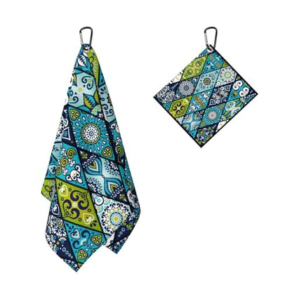 Blue Mandala Pattern Golf Towel for Golf's Bags Cart Rhombus Shapes Golf Towels with Clip Colorful Geometric Waffle Towels Bohemian Checkered Cleaning Cloth 2 Packs for Men, Birthday Present - color: Blue Green