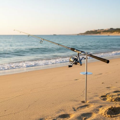 Solid Wood Fishing Rod Holder with Ground Spike for Beach, Riverbank, and Shore Fishing - Silver Finish
