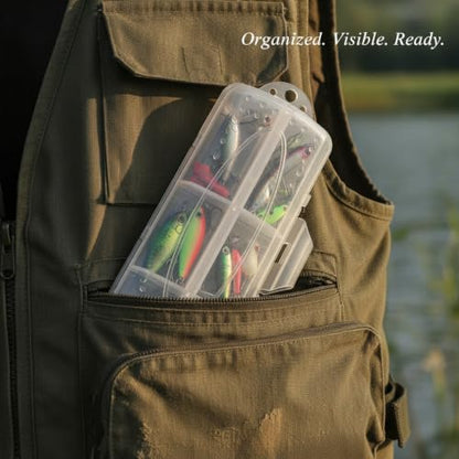 Kayak and Bank Fishing Essential: Double-Sided Folding Tackle Box with 12 Compartments for Lures, Slim PP Plastic Organizer - color: Clear