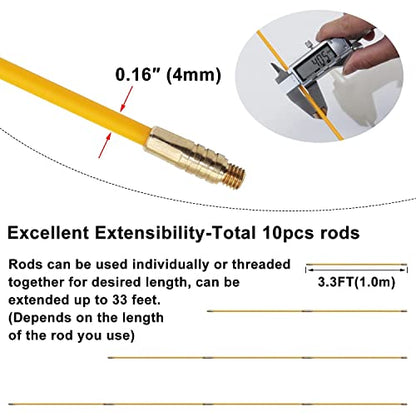 33' Fiberglass Running Electrical Wire Cable Pulling Fish Tape kit with 5 different attachments in a Carrying Case - size: 33FT-10 Rods