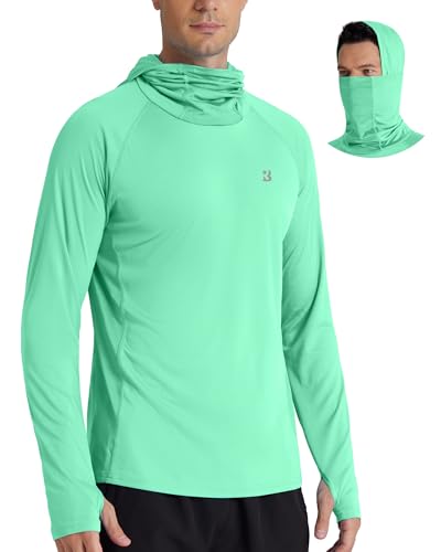 Roadbox UPF 50+ Men's Hooded Fishing Shirts, Long Sleeve UV Sun Protection Hoodie Hiking Running Swim Rash Guard with Mask - color: Mint Green, size: Medium