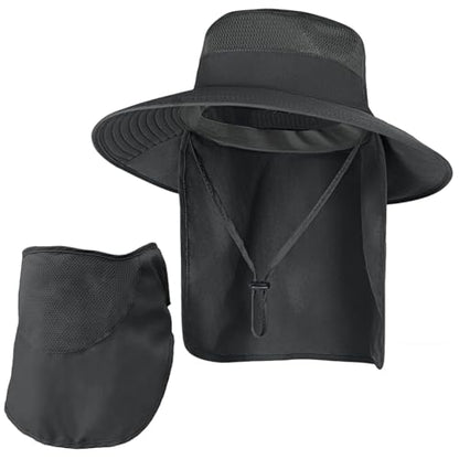 Sun Hats for Men Women Fishing Hat UPF 50+ Breathable Wide Brim Bucket Hats Summer UV Protection Safari Hat with Neck Flap - color: Black (With Face Cover)