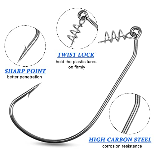 Swimbait Twist Lock Fishing Hook, 60Pcs Twist-Lock Worm Keeper Hooks with Centering Pin Spring Weedless Hook for Soft Plastic Lures Baits Bass Fishing 1/0 2/0 3/0 4/0 5/0 - size: 5/0-60pcs