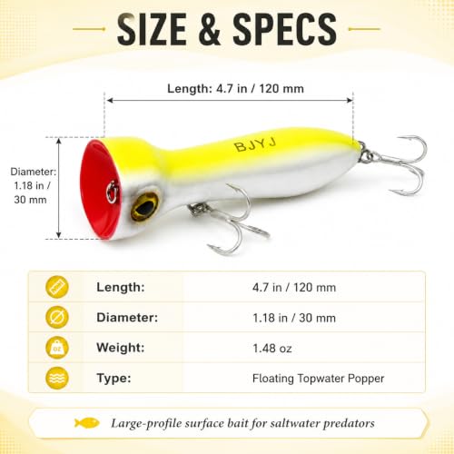 Topwater Popper Fishing Lure, 120mm 4.7in Floating Saltwater Surface Bait with BKK 3X Strong #1 Treble Hooks and Split Rings, Long Casting Hard Lure for Striped Bass Tuna Bluefish Inshore Fishing - color: A1-1PCS/1.48OZ-4.7"