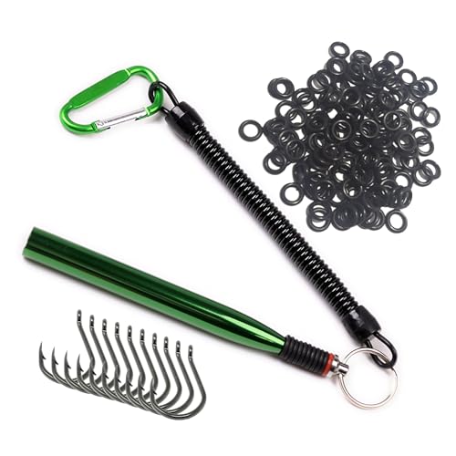 Reaction Tackle Wacky Rig Tool and O-Rings for Soft Plastic Worms, Bass Fishing Wacky Rig and Neko Rig Stick Bait Setup for Largemouth and Smallmouth - color: Green Tool plus 125 O-rings +10 hooks