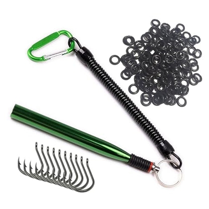 Reaction Tackle Wacky Rig Tool and O-Rings for Soft Plastic Worms, Bass Fishing Wacky Rig and Neko Rig Stick Bait Setup for Largemouth and Smallmouth - color: Green Tool plus 125 O-rings +10 hooks
