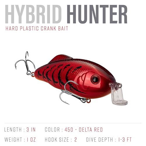 Strike King Hybrid Hunter Shallow Jr. Fishing Lure, Shallow Diving Crankbait, 90-Degree Bill, 3D Eyes, Loud Rattle, Dives 1 to 3-Feet,Size 4 & 6 Treble Hooks - color: Delta Red, size: 1 oz