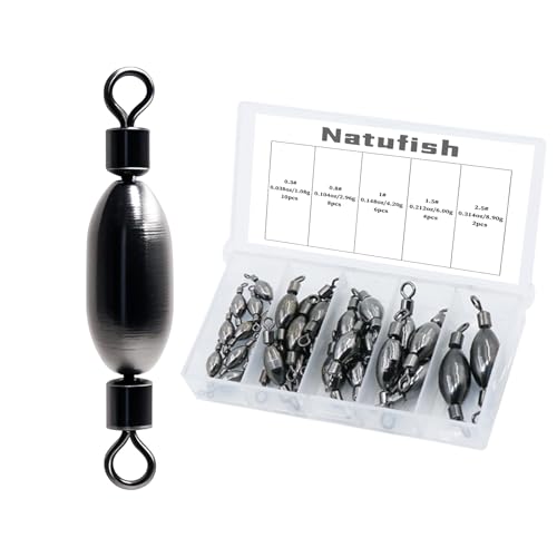 Natufish Fishing Sinkers – Bullet Weights, Drop Shot Weights, Bank Fishing Weights with Quick-Change Swivel for Saltwater/Freshwater – Brass Lead Weights Fishing Kit for Bass, Catfish - size: 30pcs-Five Sizes