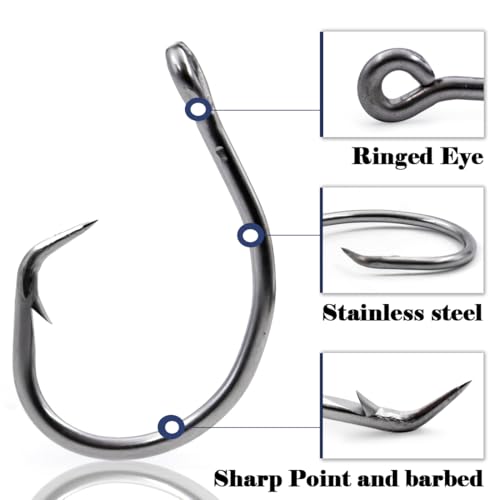 FishTrip 25pcs Inline 5X Strong Circle Hooks, Fishing Hooks for Saltwater | High Carbon Steel, Non-Offset Wide Gap Fish Hook for Catfish, Striped, Bass, Salmon, Mackerel, Tuna Sizes #1-12/0 - size: 24/0_1pcs