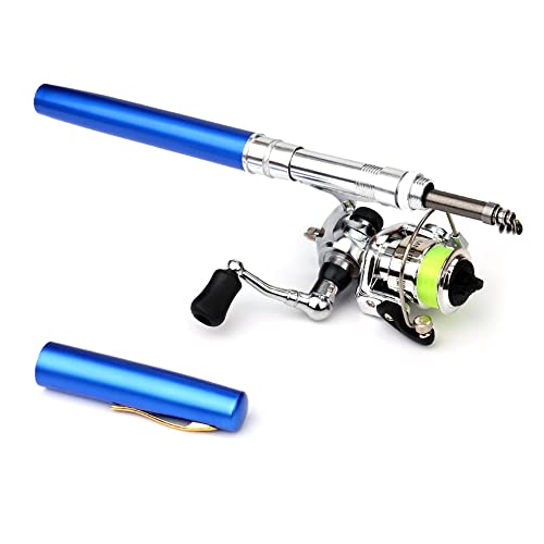 Pen Fishing Rod Kit Mini Fishing Pole Pocket Pen Rod Set Fishing Rod Pen Portable Telescopic Fishing Rod with Spinning Reel Fishing Rod Reel Combo for Travel Saltwater Freshwater Sea - color: A-01-Blue(Rod & Reel), size: 1.4M
