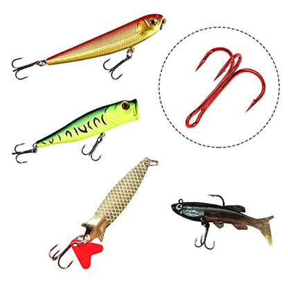 Red Fishing Treble Hooks Kit, High Carbon Steel Hooks Strong Sharp Round Bend for Lures Baits Saltwater Freshwater Bass Fishing 100pcs Mixed 5 Size 2# 4# 6# 8# 10# - color: 100pcs Red Treble Hooks