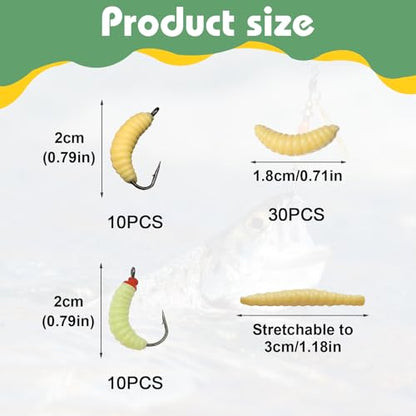 50PCS Bluegill Hooks Fishing Worms – 30PCS 22mm Soft Rubber Worms & 20PCS Maggot Bait for Bass, Panfish, and Trout, Bluegill Lures for Freshwater Fishing with Natural Nlbn Action