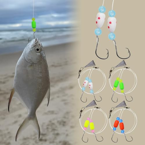 Pompano Rigs for Surf Fishing Saltwater Floats Catfishing Pompano Fishing Rigs with Double Circle Hooks and Pyramid Sinker 5pcs/8pcs - color: yellow+green+orange+white（red dot) - 4pcs