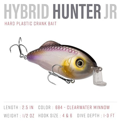 Strike King Hybrid Hunter Shallow Jr. Fishing Lure, Shallow Diving Crankbait, 90-Degree Bill, 3D Eyes, Loud Rattle, Dives 1 to 3-Feet,Size 4 & 6 Treble Hooks - color: Clearwater Minnow, size: 1/2 oz