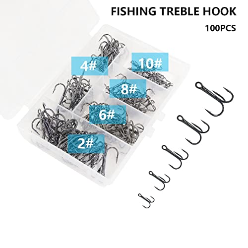 Red Fishing Treble Hooks Kit, High Carbon Steel Hooks Strong Sharp Round Bend for Lures Baits Saltwater Freshwater Bass Fishing 100pcs Mixed 5 Size 2# 4# 6# 8# 10# - color: 100pcs Treble Hooks