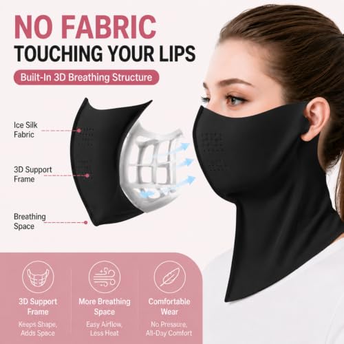 Ice Silk Sun Protection Face Mask for Women, Breathable Cooling Face Cover with Neck Coverage, Driving，Golf，Hiking - color: Black