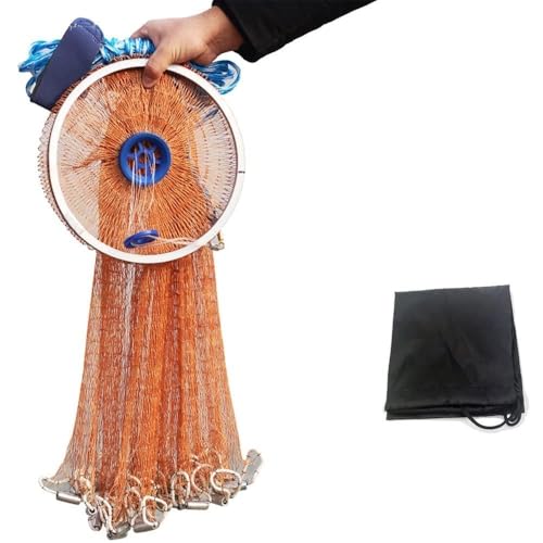 Cast Fishing Net with Aluminum Frame, 0.8 inch Mesh, 7.8-13.8 ft Diameter - color: Brown Braided Fishing Line, size: Dia: 7.8FT (metal sinker)