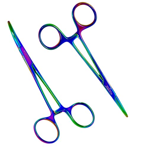 Premium Hemostat Forceps Set 5.5 Inch – Stainless Steel Straight & Curved Hemostat Pliers for Piercing, Fishing, Jewelry Making, Craft & Multi-Purpose Use Multi Rainbow Titanium Coated