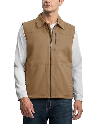 TBMPOY Men's Winter Vest Casual Sherpa Fleece lined Full Zip Lightweight Vest Outerwear Warm Cotton Travel Jackets - color: Khaki, size: Medium