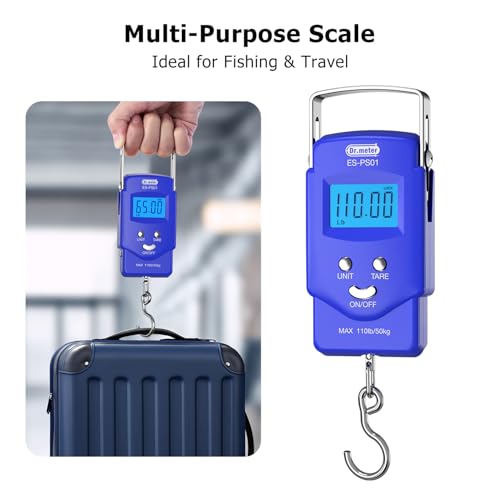 Dr.meter Fish Scale Luggage Scale Fishing Gear - 110lb Backlit LCD Display Digital Scale with Built-in Measuring Tape - Fishing Scale with 2 AAA Batteries, Pocket Size - Fishing Gifts for Men - color: Blue