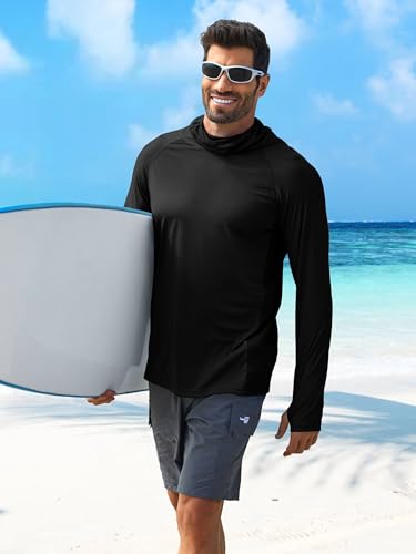 PINSPARK Men's Sun Protection Hoodie with Mask UPF 50+ UV Long Sleeve Shirt Men Rash Guard Performance Fishing Hiking Shirt - color: Black, size: Large
