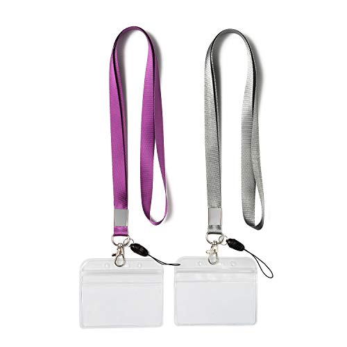 2Pack Horizontal ID Badge Holders with Neck Lanyards with Clip,Purple,Grey | Lightweight,Clear Holders,for Office etc - color: Grey&purple