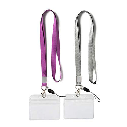 2Pack Horizontal ID Badge Holders with Neck Lanyards with Clip,Purple,Grey | Lightweight,Clear Holders,for Office etc - color: Grey&purple