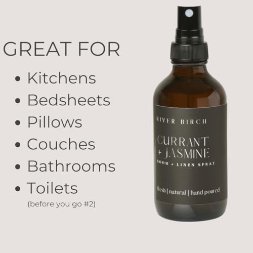 River Birch Currant + Jasmine Scented Linen and Room Spray | Home Fragrance | 4 oz Glass Amber Bottle | Luxury Signature Scent | Handmade in Texas - color: Currant + Jasmine