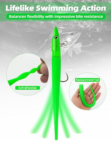 BLUEWING Jig Heads Saltwater 2oz,3oz,4oz,5oz,6oz,7oz Swimming Jigheads 1pc with High Carbon Steel Swing Hook and 6in/9in Replacement Tail Big Game Fishing Lures - color: Swimming Jig - Green, size: 5oz Head - 9in Tail