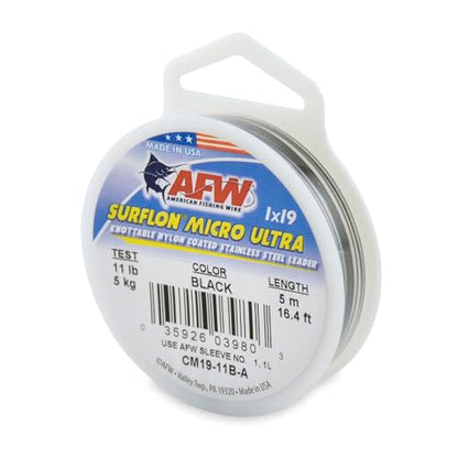 American Fishing Wire Surflon Micro Ultra Nylon Coated 1x19 Stainless Steel Leader Wire - Knottable Fishing Leaders Saltwater & Fly Fishing, 6lb Test - 61lb Test, Bright, Black & Camo Colors - color: Black, style: 5 Meter, 11 Pound Test