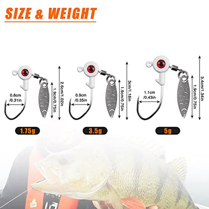 Crappie Jig Heads Fishing Lures Kit, 15pcs Underspin Jig Heads with Spinner Blade Crappie Lures Eye Ball Head Painted Fishing Jigs for Bass, Trout, Panfish, Sunfish - color: White, size: 5g(3/16oz)-15pcs