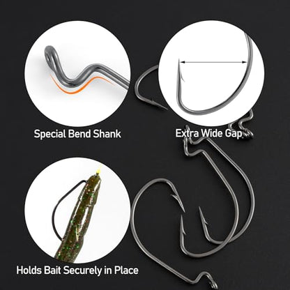Dr.Fish EWG Hooks Bass Fishing Worm Hooks Extra Wide Gap Freshwater Fishing Carolina/Texas Rig - color: Black Nickel, size: #3/0-50 Pack