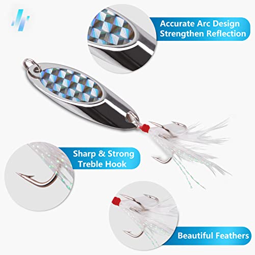 Fishing Lures Casting Spoon Lure, 5pcs Hard Metal Spoon Fishing Lures for Trout Bass Crappie Pike Walleye Saltwater Freshwater Fishing Gear 3/16oz-2oz - color: Silver-feather, size: 1/2oz(14g)