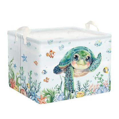 Clastyle Large Fish Sea Turtle Baby Basket Ocean Coral Seaweed Starfish Toy Book Shelf Basket Waterproof Pool Toy Beach Towel Storage Bin Collapsible Dirty Clothes Hamper, Blue, 40 * 30 * 30 cm - size: 40*30*30 cm
