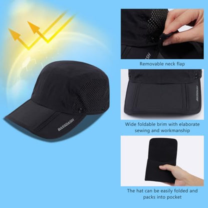 BASSDASH UPF 50+ Foldable Fishing Hat Baseball Cap with Removable Neck Flap Portable for Men Women Golf Hiking - color: Black With Foldable Brim