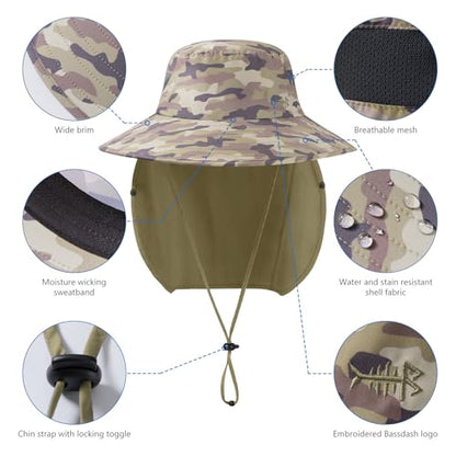 BASSDASH UPF 50+ Breathable Sun Hat with Removable Face Cover and Neck Flap Wide Brim Bucket Hat for Fishing Hiking Men Women - color: Earth Camo/Khaki
