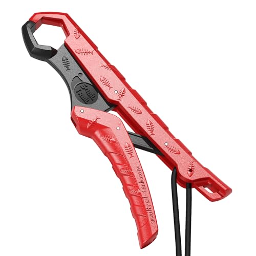 SNAIL TRAIL 7.5'' Floating Fish Gripper, Fishing Grabber | Catfish Mouth Pliers, Caught Bass Holder, Fish Scale Hook Clamp, Saltwater Lip Grip Tool with Lanyard, Gifts for Men - color: Red-black