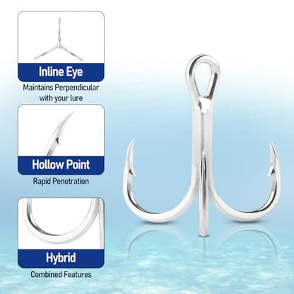 Dr.Fish 30 Pack Hybrid Fishing Treble Hooks 2X Strong, #14-#3/0, Triple Hooks High Carbon Steel Hollow Point, Replacement Hard Lures Crankbait Freshwater Saltwater - size: #2-30 Pack
