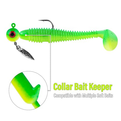 Dr.Fish 10 Pack Underspin Jigs Heads Freshwater Fishing Jig Spinner Stand up Swimbait Bass Walleye Fishing Hooks Willow Blade Round Bottom - color: Fluorescent Yellow, size: 1/8oz