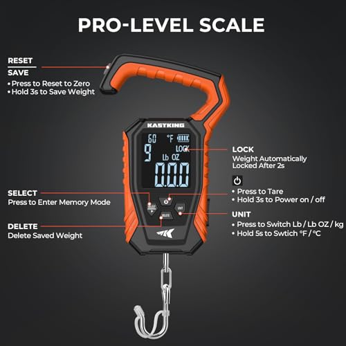 KastKing Weighmaster Mechanical-Digital Fishing Scale, 120 lb Capacity, 2.5" Backlit Display, High-Precision Sensor, 9 Weight Memory, Temperature Detection, IPX6 Waterproof, Fishing Gifts - style: B: Orange