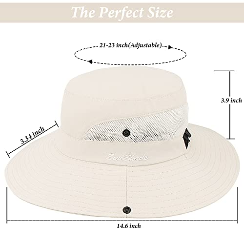 Sun Hat for Women Summer UV Protection Beach Hat Wide Brim Mesh Bucket Fishing Hat with Ponytail Hole Foldable Packable Hat - color: Beige(with Ponytail Hole)