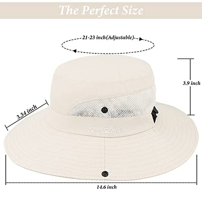 Sun Hat for Women Summer UV Protection Beach Hat Wide Brim Mesh Bucket Fishing Hat with Ponytail Hole Foldable Packable Hat - color: Beige(with Ponytail Hole)