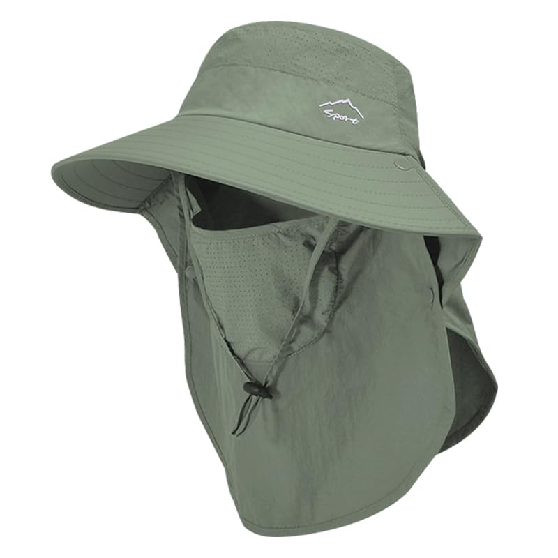 Rosoz Sun Hat for Men Women with Neck Flap,Wide Brim UPF50+ Fishing Hat with Detachable Face Cover Outdoor Sun Protection Hat - color: 1pack-army Green