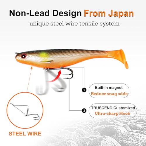 TRUSCEND Shadtale Easy Catch Soft Fishing Lures with BKK Hooks - Trembly Sinking and Vibrating Swim for More Bites, Pre-Rigged Swimbaits for Bass, Trout, Crappie, Walleye, Freshwater Saltwater Fishing - color: A1-3.5",1/4oz