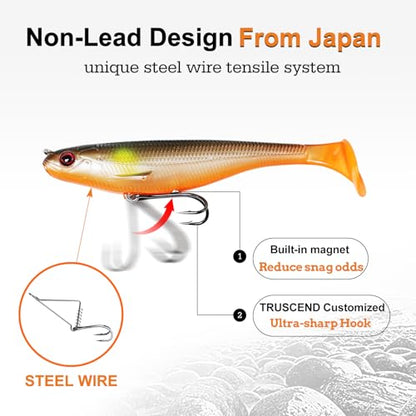 TRUSCEND Shadtale Easy Catch Soft Fishing Lures with BKK Hooks - Trembly Sinking and Vibrating Swim for More Bites, Pre-Rigged Swimbaits for Bass, Trout, Crappie, Walleye, Freshwater Saltwater Fishing - color: A1-3.5",1/4oz