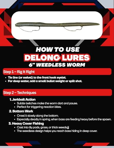 DeLong Lures 6" KILR Worm – Made in USA Weedless Pre-Rigged Soft Plastic Swimbaits, Extra Durable Bass Fishing Lures for Pike and More, 5-Pack Variety - color: Natural