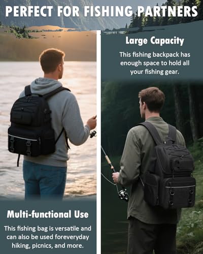 HAMBOLY Fishing Backpack with Tackle Boxes, 50L Fishing Tackle Bag with Cooler & Rod Holders, Waterproof Tackle Bag for Men - color: Black