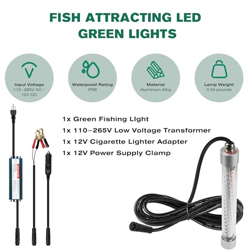 F2 110V &12V Underwater Fishing Light 100W 10000lm Bright Fish Attracting Light for Boat Docks Kayaks at Night, Submersible Green Light for Crappie Snook Bass Squid Bait Catfish(16.4ft Cord) - size: 16.4FT F2